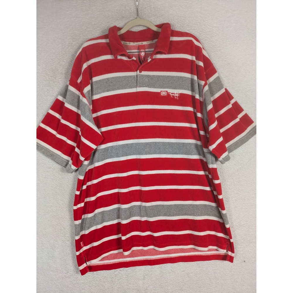Ecko Unltd. Polo Shirt Men's XL Red Striped Velour Short Sleeve Streetwear